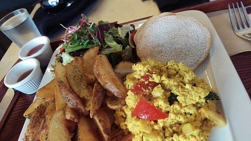 Brunch. Tofu scramble, pancakes, salad, and fries. at Huggers - 허거스 in Seoul