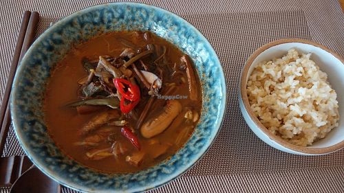 Spicy soup with mixed vegetables.  at Vegenarang in Busan