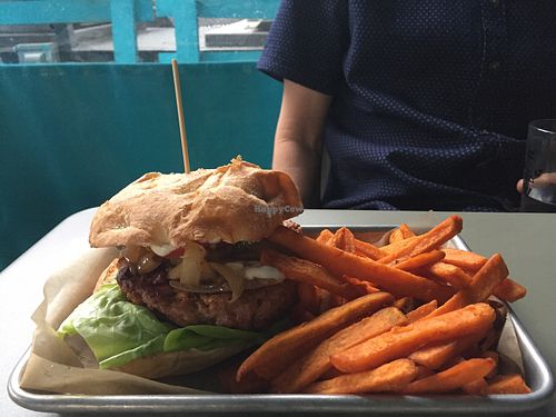The Burger and sweet potato fries at Sticky Fingers Diner in Washington