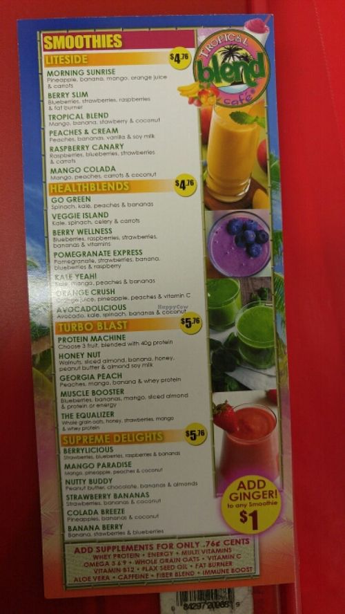 Smoothie Menu at Tropical Blend Cafe in Trenton