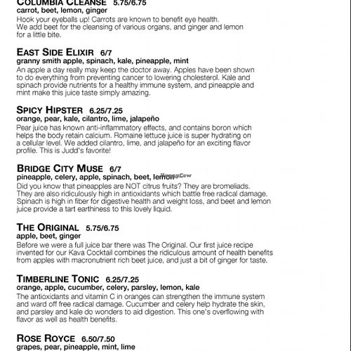 fresh juice menu at Bula Kava House in Portland
