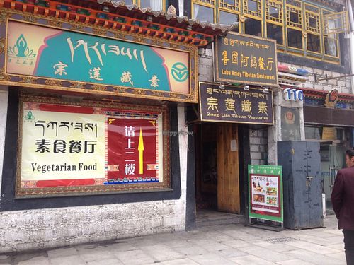 Exterior signage at Zong Lion Tibetan Vegetarian in Tibet