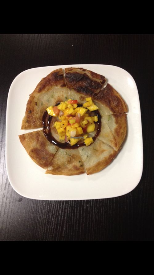 Scallions pancake w mango salsa  at Bayberry Vegan Cafe in Woburn