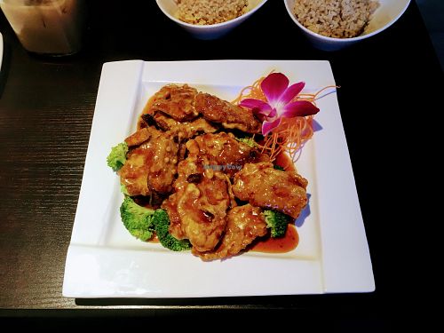 Orange seitan at Bayberry Vegan Cafe in Woburn