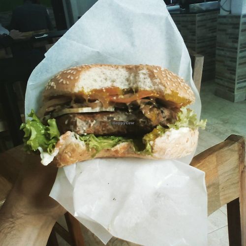 My mushroom burger at Lu Cocina Vegana in Bogota