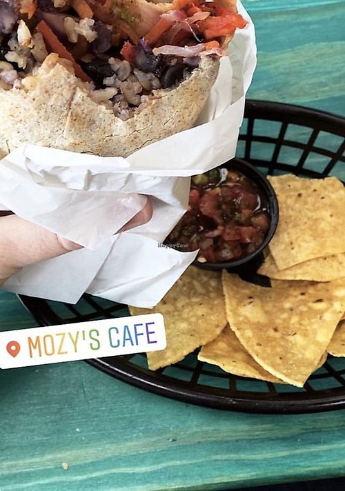 veggie burrito (with no cheese) comes with side of chips at Mozy's Cafe in Encinitas