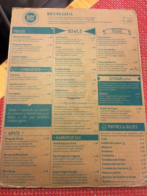 Front menu at Raw Cafe - La Molina in Lima