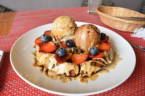 waffles with salted caramel and chocolate ice cream,  at Raw Cafe - La Molina in Lima