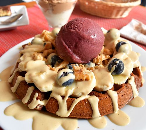 Waffles with acai ice cream at Raw Cafe - La Molina in Lima