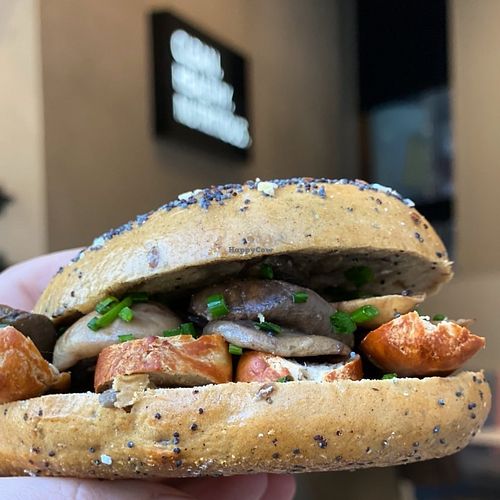 vegan sausage and mushroom bagel at The Naked Deli - Heaton in Newcastle Upon Tyne