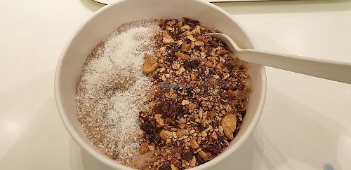 Banana and chocolate summer bowl. Cashew nut granola. Tasty at Cojean - Parvis la Defense  in Puteaux