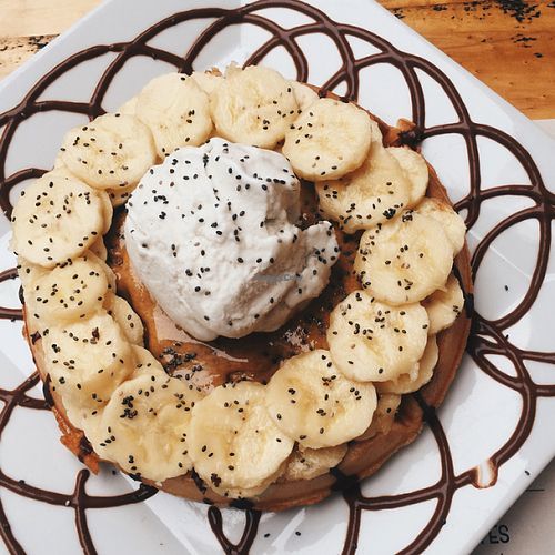 vegan waffle with ice cream, banana, pb and chocolate fudge  at Armonica Cafe in Lima