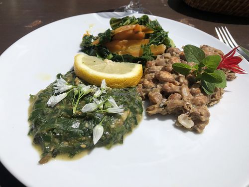 Main dish (beans with corn flour, sautéed carrot and cabbage, wild garlic purée )  at O Esconderijo in Faial