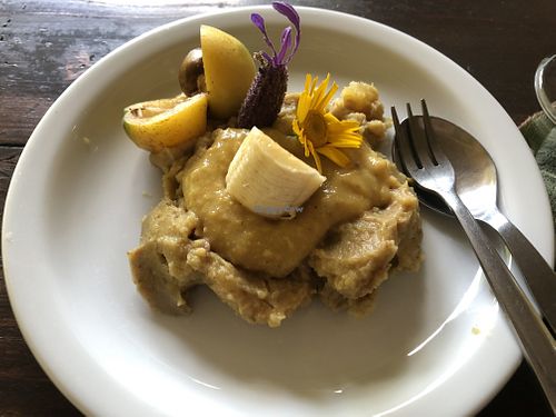 Dessert - sweet potato purée with banana, topped with loquat “jam"  at O Esconderijo in Faial