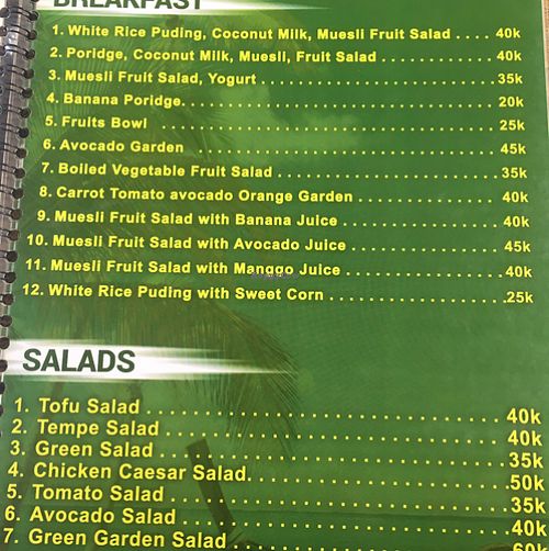 menu at Bali Maitreya Cafe in Lembongan