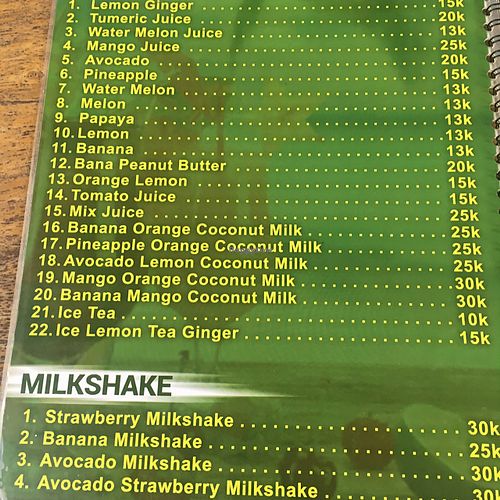 menu at Bali Maitreya Cafe in Lembongan