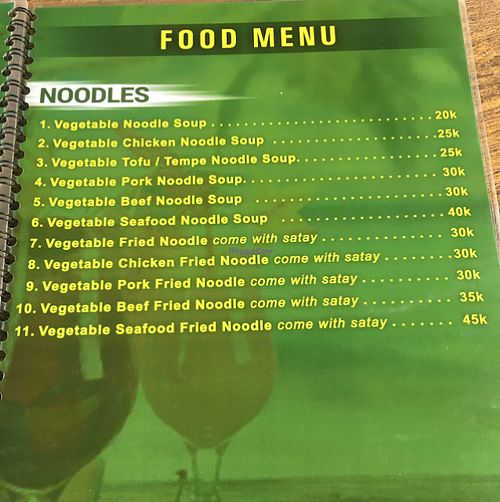 menu at Bali Maitreya Cafe in Lembongan