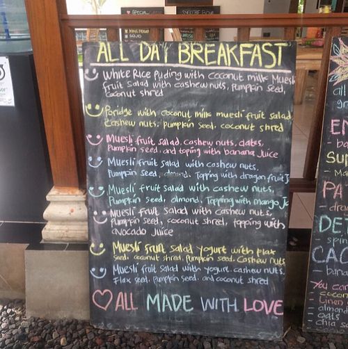 menu at Bali Maitreya Cafe in Lembongan