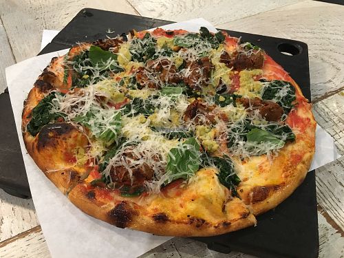 Meatballs and chèvre pizza  at Virtuous Pie  in Vancouver