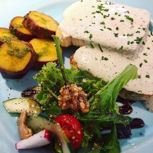 Tofu steak, sweet potatoes and salad at 26 Vegan Food Project in Lisbon