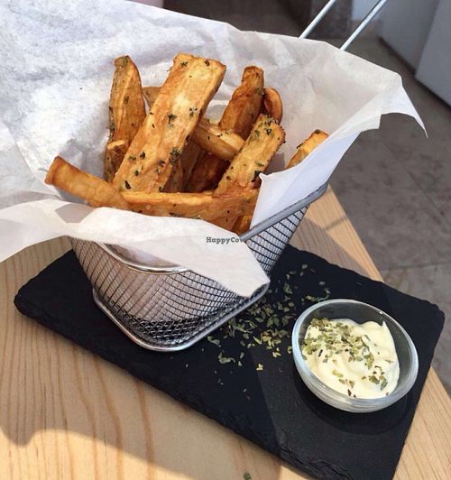 Fried sweet potato with mayonnaise.  at 26 Vegan Food Project in Lisbon