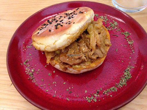 My ";bifana"; sandwich. Vegan version of Portuguese pulled pork. at 26 Vegan Food Project in Lisbon