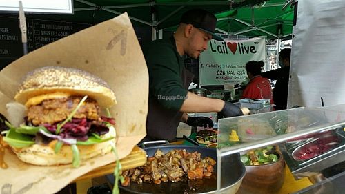 burger and friendly server at Big V - Borough Market in South East London