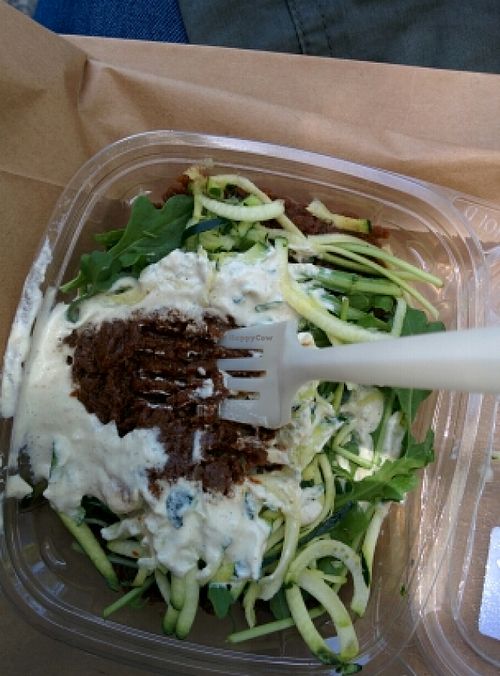 lasagna with zuchini noodles, cashew sauce and dates&sundried tomato sauce. yumm yumm at Que SeRaw SeRaw in Burlingame