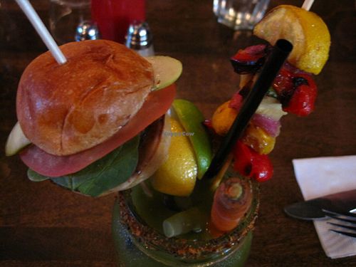 Green Caesar (with kale gazpacho and celery bitter) served with a veggie skewer and a small veggie burger. The burger is really good and the drink, pretty unique. I recommend it.  at L'Gros Luxe 100% Vege in Montreal