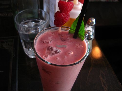 Smoothie of the day with rhubarb and berries. Excellent. at L'Gros Luxe 100% Vege in Montreal