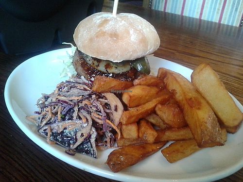 Teryaki burger, Asian slaw and chips at The Ship Inn in Newcastle Upon Tyne