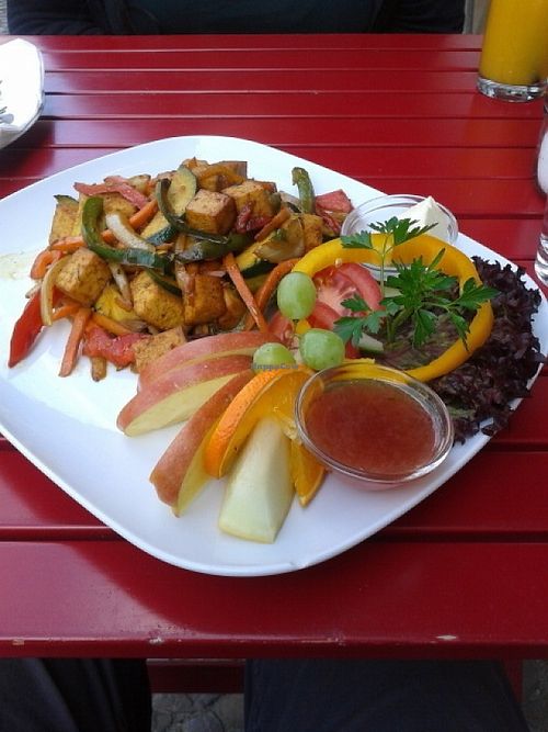 Vegan tofu and fruit breakfast at Cafe V in Berlin