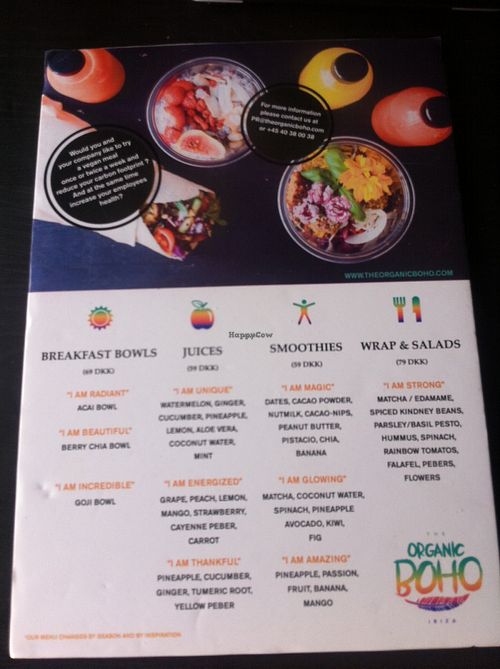 Menu at The Organic Boho - Gothersgade in Copenhagen