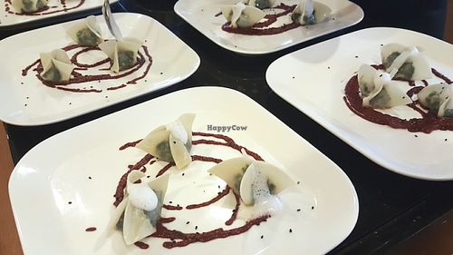 spinach peanut tortellini + beetroot pesto
 at Vegan Supper Club Bangkok in Bangkok