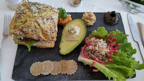 Burger / Avocado with Cashew sauce / Rice / Houmous / Tapenage / Raw crackers at Sweet Rawmance in Paris
