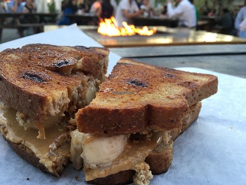 Grilled nut butter, apple jam and banana sandwich on cinnamon raisin toast at PBJ Grilled - Food Truck in Portland