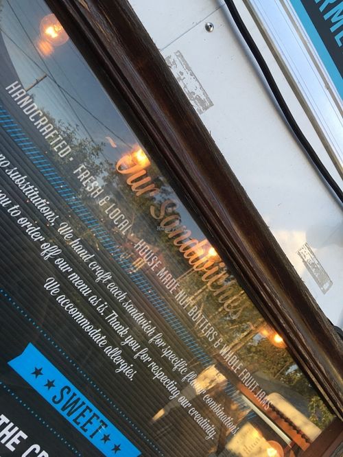 Menu board, all sauces, jams, but butters are homemad at PBJ Grilled - Food Truck in Portland