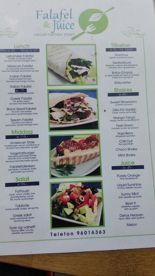 The menu at Falafel & Juice  in Fredriksad