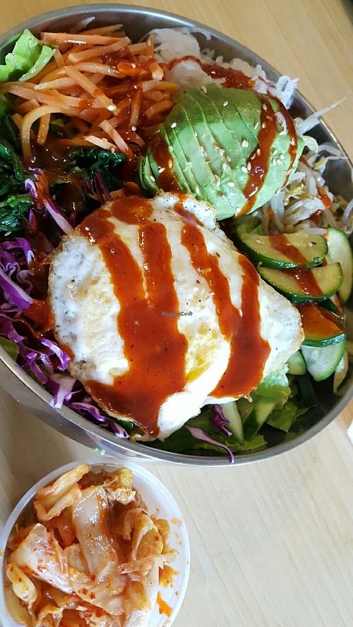 bibimbob bowl (has egg) & side of kimchi at Rice Junkies - Alberta in Portland