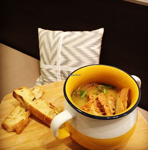 Soup with croutons and breadsticks at Green Time in Auckland