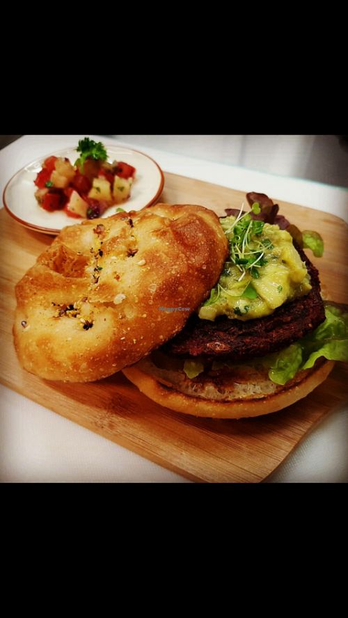 Sexi Mexi burger - blackbean Beetroot patty with salsa and guacamole  at Green Time in Auckland