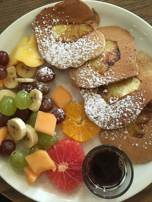Vegan pancakes and fresh fruit  at Mo-Ja Cafe in Krakow