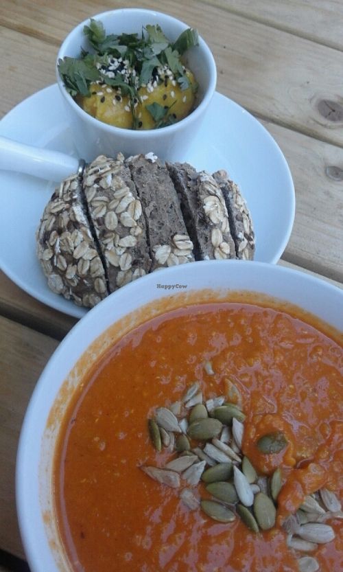 Indian soup and mangohumus with bread at SLA - Kerkplein in The Hague
