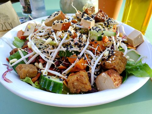 Rich vegan salad with smoked tofu and tempeh. at SLA - Kerkplein in The Hague