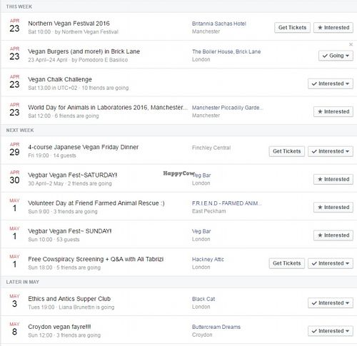 Example of events listing at Vegan Directory UK in London