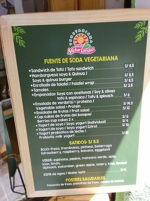 Snack bar menu at Naturlandia in Lima