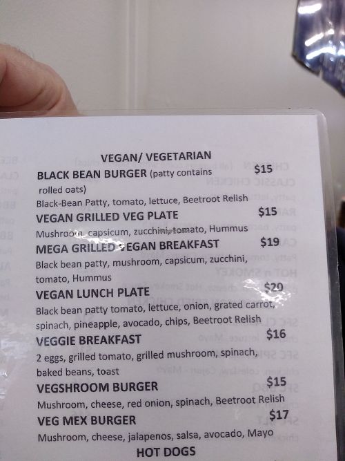 Separate vegan menu at The Whistling Cat in Mount Gambier