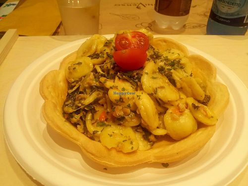 Orecchiette pasta in pastry bowl at Universo Vegano in Bologna