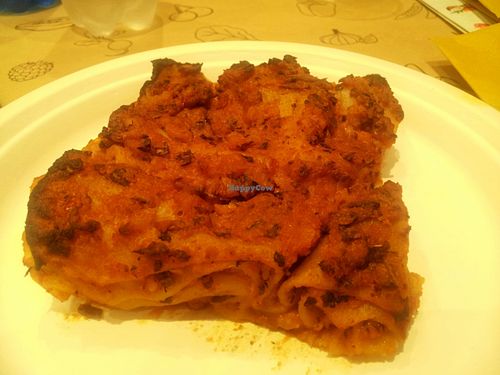 Lasagna with mushroom sauce at Universo Vegano in Bologna