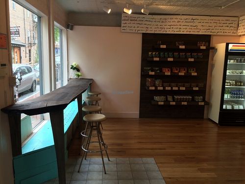 Window counter and chocolate display wall. at Lagusta's Luscious Cafe in New Paltz